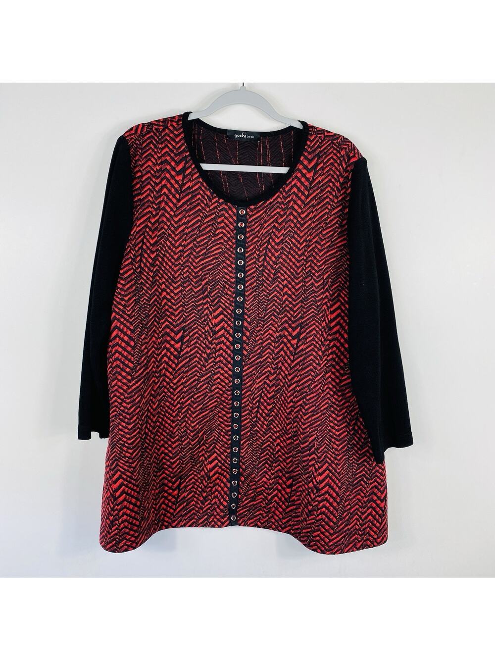 Yushi Tunic Top Red Black Textured 3/4 Sleeve Lagenlook Artsy Casual